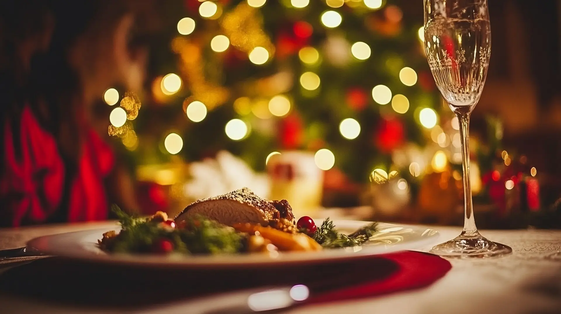 Elegant Christmas dinner setting with roasted meat and champagne against festive lights